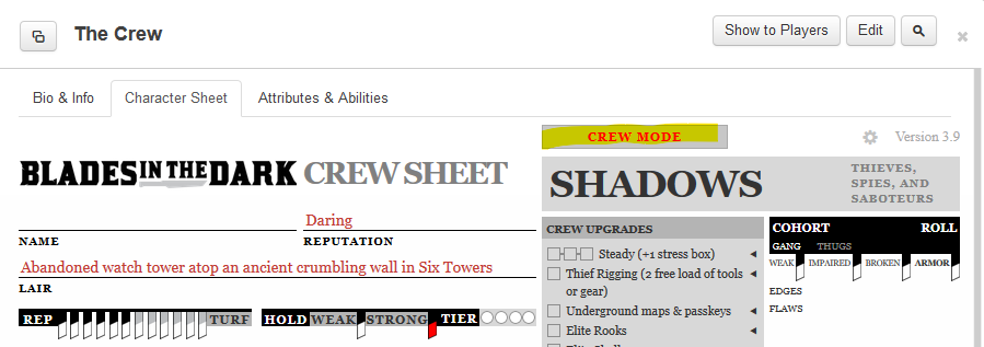 Crew Sheet on Roll20